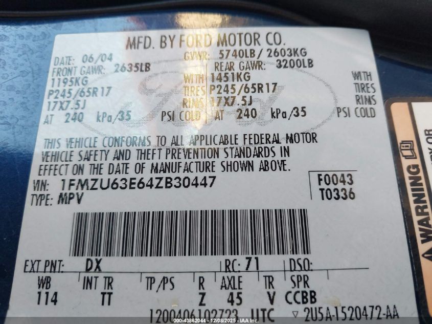 2004 Ford Explorer Xlt VIN: 1FMZU63E64ZB30447 Lot: 43862044