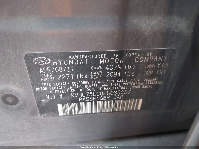 2017 Hyundai Ioniq Hybrid Sel VIN: KMHC75LC0HU035357 Lot: 43862048