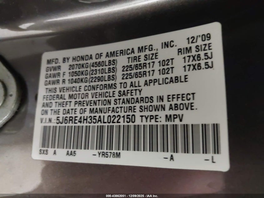 5J6RE4H35AL022150 2010 HONDA CR-V photo no. 9