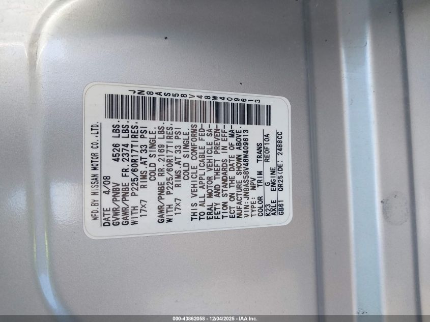 2008 Nissan Rogue Sl VIN: JN8AS58V48W409613 Lot: 43862058