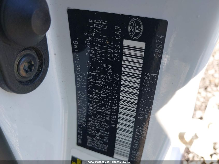 2023 Toyota Camry Se VIN: 4T1G11AK5PU117220 Lot: 43862062