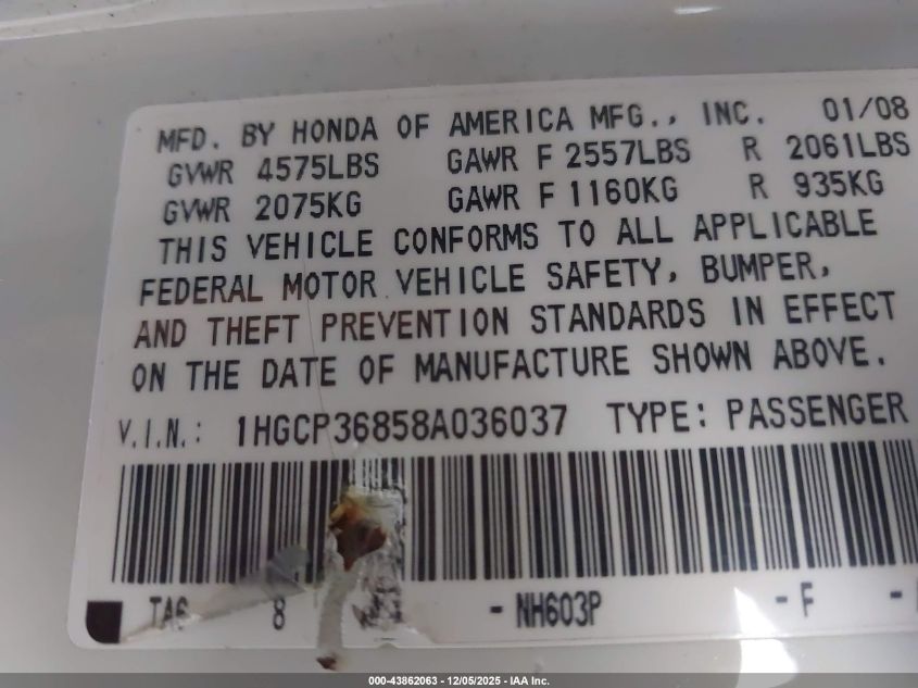 2008 Honda Accord 3.5 Ex-L VIN: 1HGCP36858A036037 Lot: 43862063