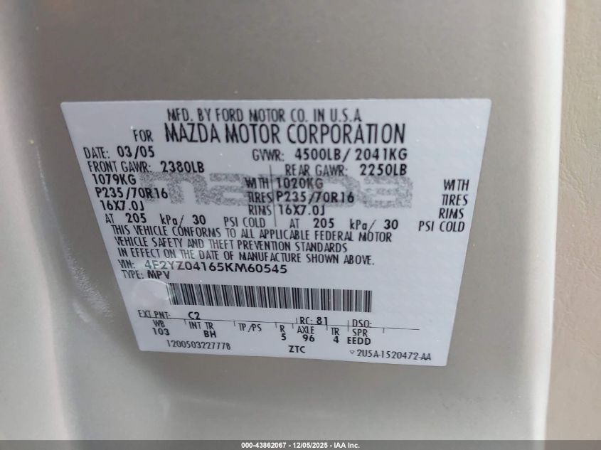2005 Mazda Tribute S VIN: 4F2YZ04165KM60545 Lot: 43862067