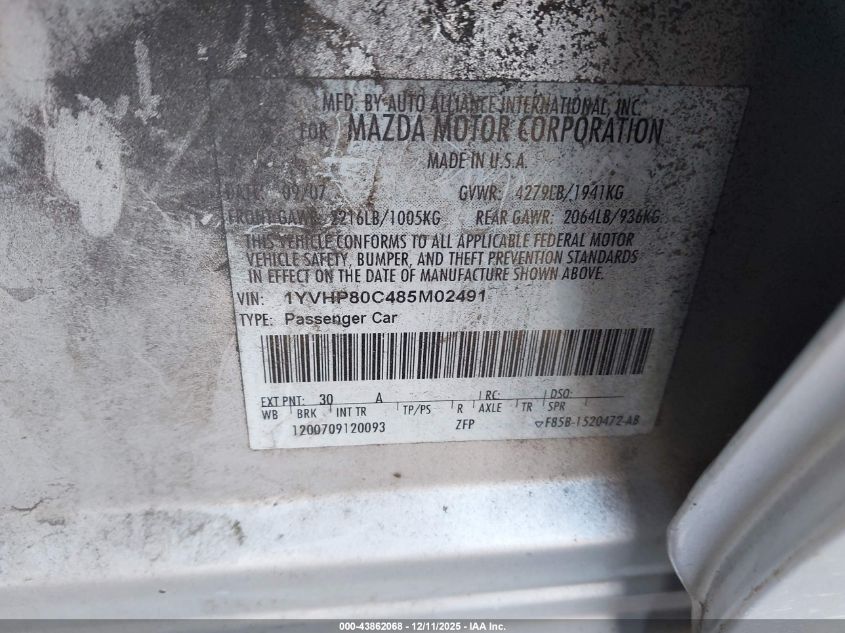 2008 Mazda Mazda6 I Sport Ve VIN: 1YVHP80C485M02491 Lot: 43862068