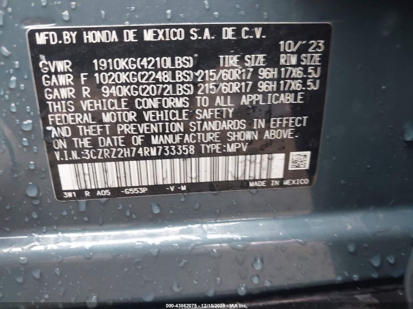 2024 Honda Hr-V VIN: 3CZRZ2H74RM733358 Lot: 43862075