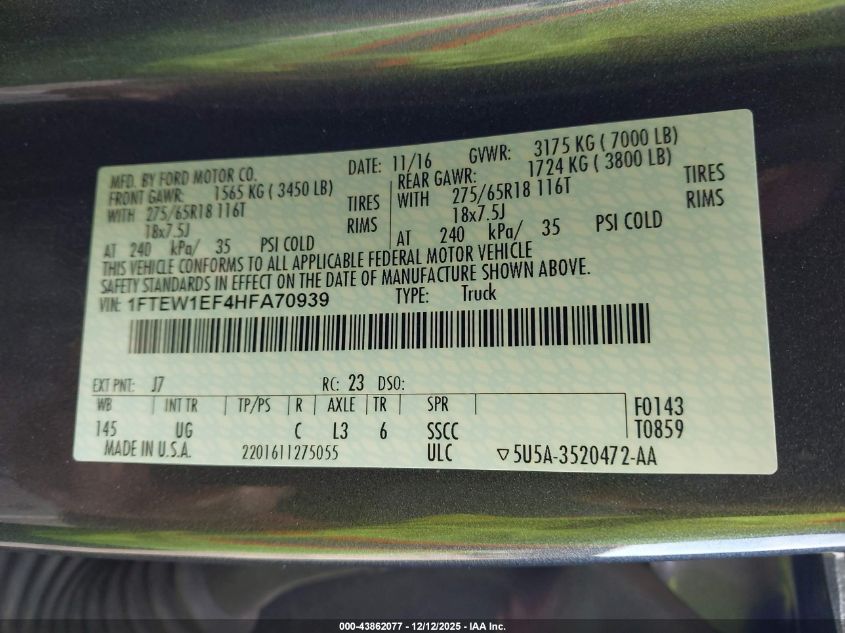 2017 Ford F-150 Xlt VIN: 1FTEW1EF4HFA70939 Lot: 43862077