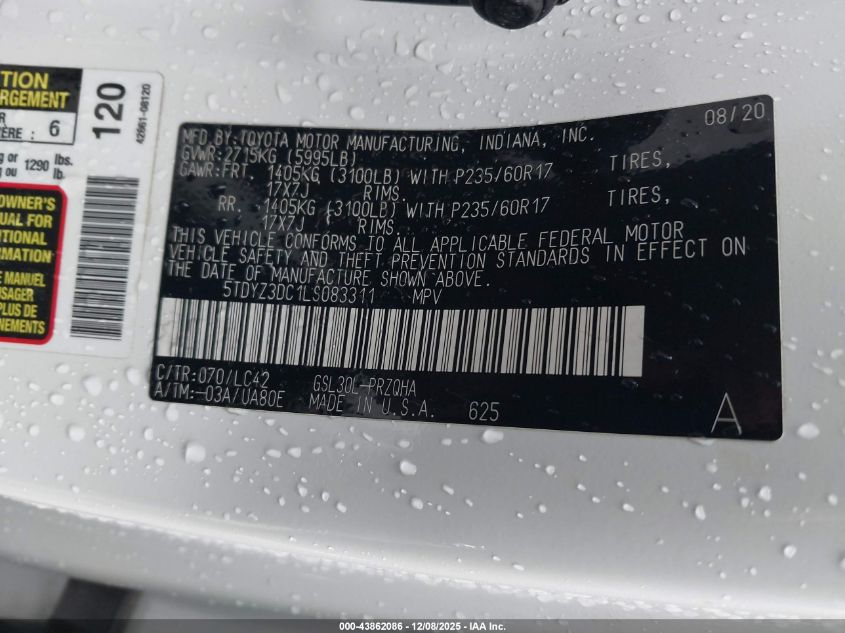 2020 Toyota Sienna Xle VIN: 5TDYZ3DC1LS083311 Lot: 43862086