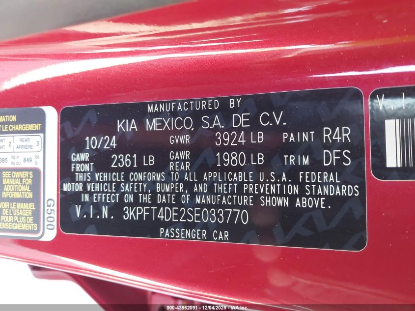2025 Kia K4 Lxs VIN: 3KPFT4DE2SE033770 Lot: 43862091