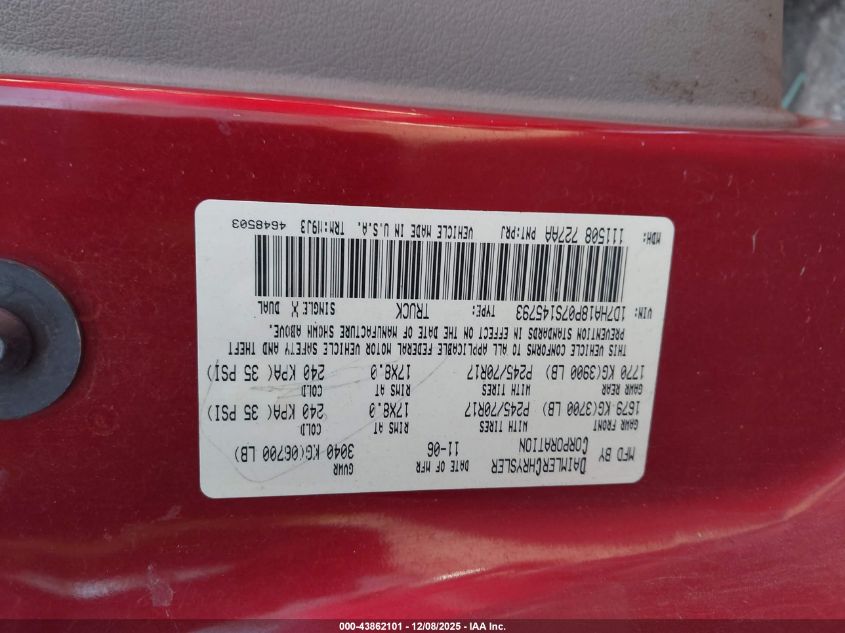 2007 Dodge Ram 1500 Slt VIN: 1D7HA18P07S145793 Lot: 43862101