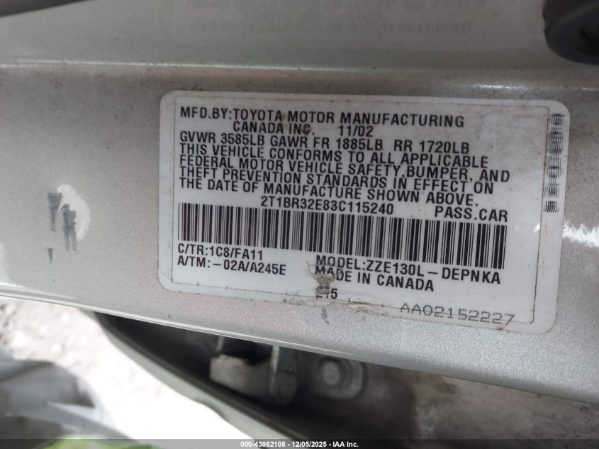 2003 Toyota Corolla Le VIN: 2T1BR32E83C115240 Lot: 43862108