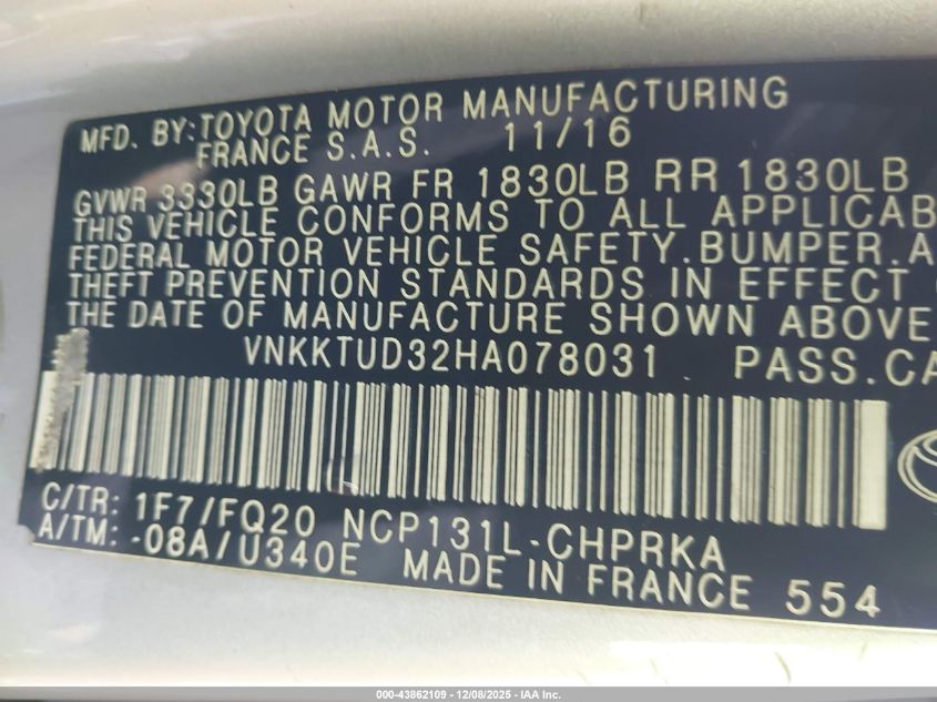 2017 Toyota Yaris L VIN: VNKKTUD32HA078031 Lot: 43862109