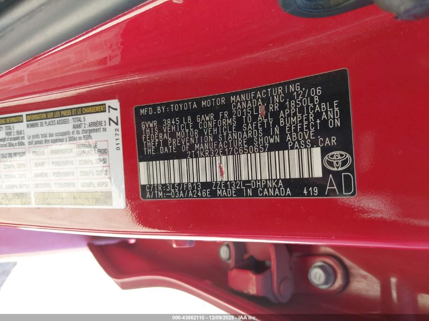 2007 Toyota Matrix Xr VIN: 2T1KR32E17C650657 Lot: 43862110