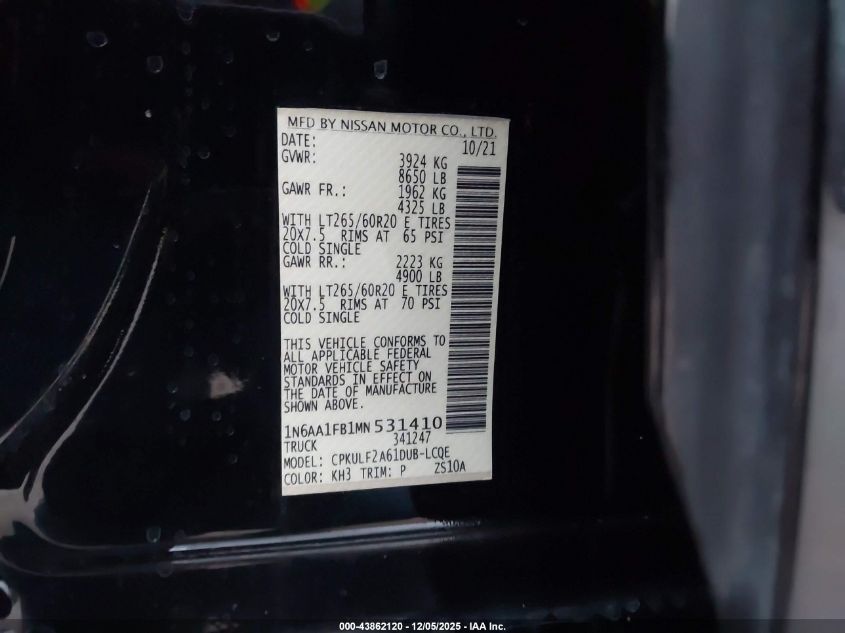 2021 Nissan Titan Xd Platinum Reserve 4X4 VIN: 1N6AA1FB1MN531410 Lot: 43862120