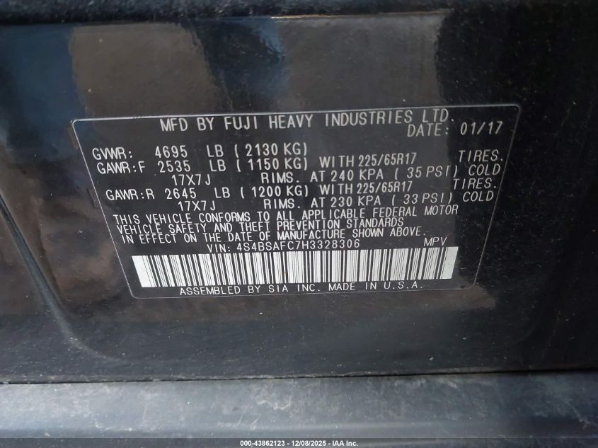 2017 Subaru Outback 2.5I Premium VIN: 4S4BSAFC7H3328306 Lot: 43862123