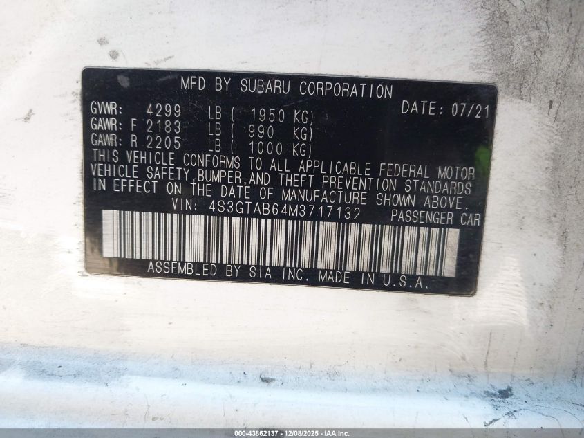 2021 Subaru Impreza 5-Door VIN: 4S3GTAB64M3717132 Lot: 43862137