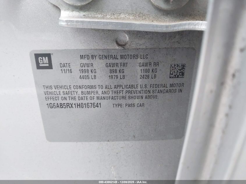 2017 Cadillac Ats Luxury VIN: 1G6AB5RX1H0167641 Lot: 43862149