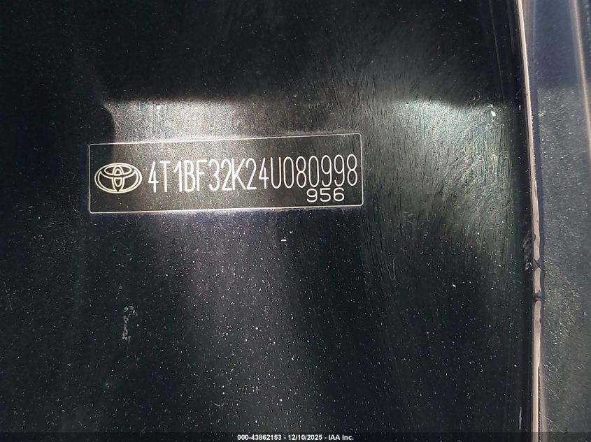 2004 Toyota Camry Le V6 VIN: 4T1BF32K24U080998 Lot: 43862153