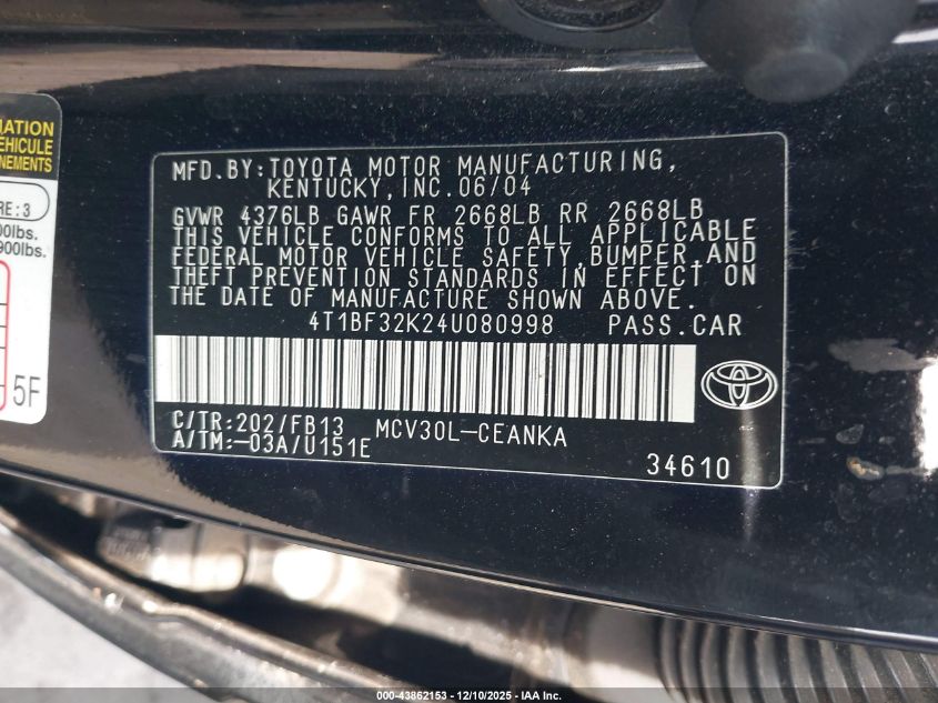 2004 Toyota Camry Le V6 VIN: 4T1BF32K24U080998 Lot: 43862153