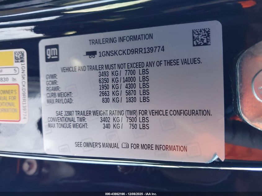 2024 Chevrolet Suburban 4Wd Lt VIN: 1GNSKCKD9RR139774 Lot: 43862166