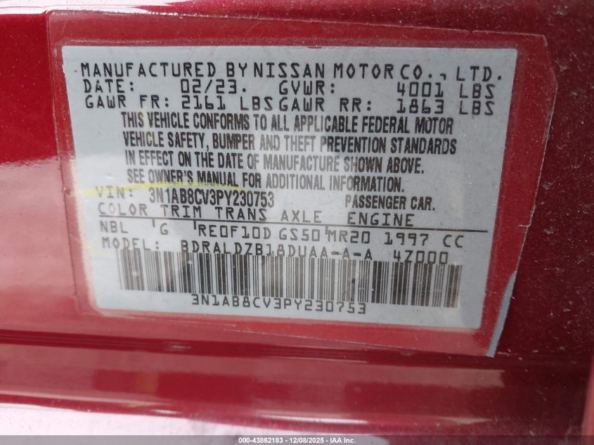 2023 Nissan Sentra Sv Xtronic Cvt VIN: 3N1AB8CV3PY230753 Lot: 43862183