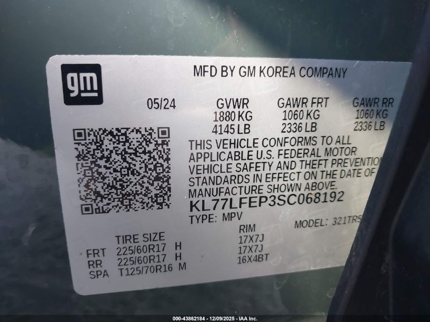 2025 Chevrolet Trax Fwd Ls VIN: KL77LFEP3SC068192 Lot: 43862184