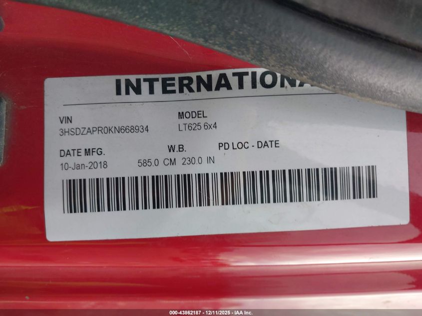 2019 International Lt VIN: 3HSDZAPR0KN668934 Lot: 43862187