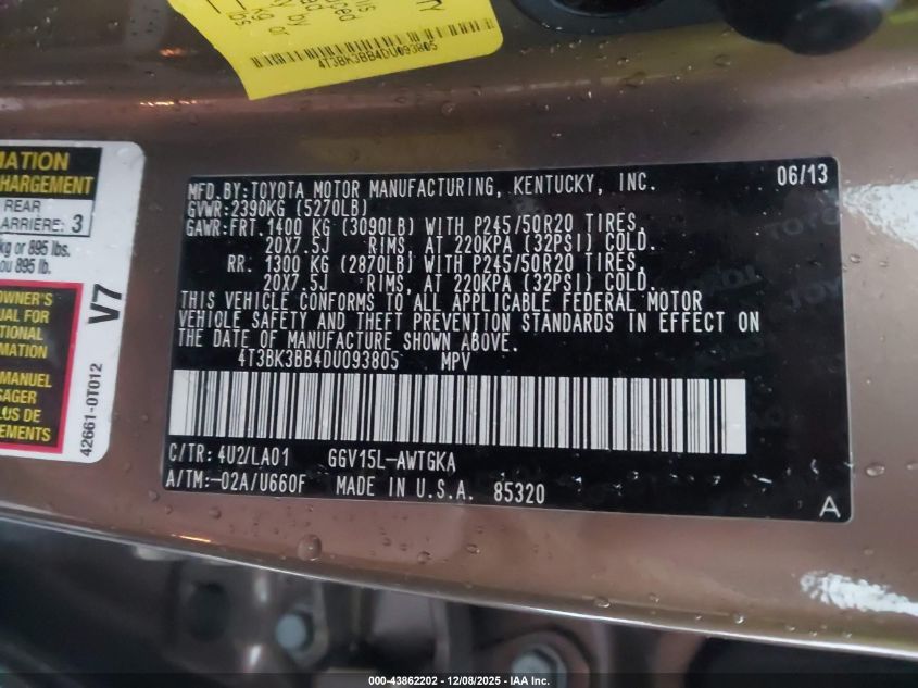 2013 Toyota Venza Xle V6 VIN: 4T3BK3BB4DU093805 Lot: 43862202