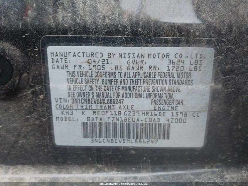 2021 Nissan Versa Sv Xtronic Cvt VIN: 3N1CN8EV5ML886247 Lot: 43862208