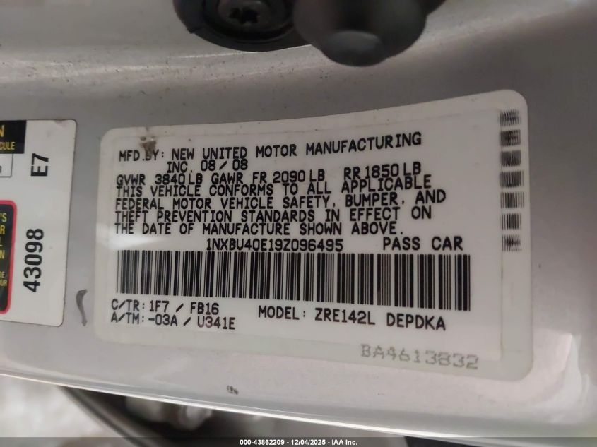 2009 Toyota Corolla Le VIN: 1NXBU40E19Z096495 Lot: 43862209