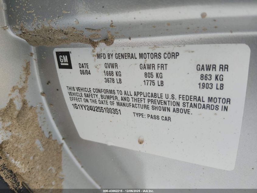 2005 Chevrolet Corvette VIN: 1G1YY24U255100351 Lot: 43862215