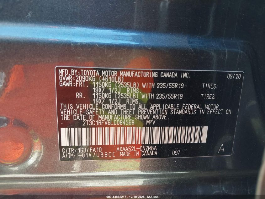 2020 Toyota Rav4 Xle Premium VIN: 2T3C1RFV6LC084568 Lot: 43862217