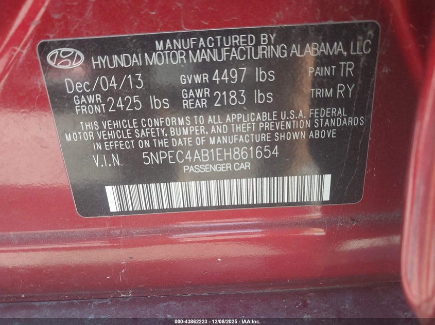 5NPEC4AB1EH861654 2014 HYUNDAI SONATA photo no. 9