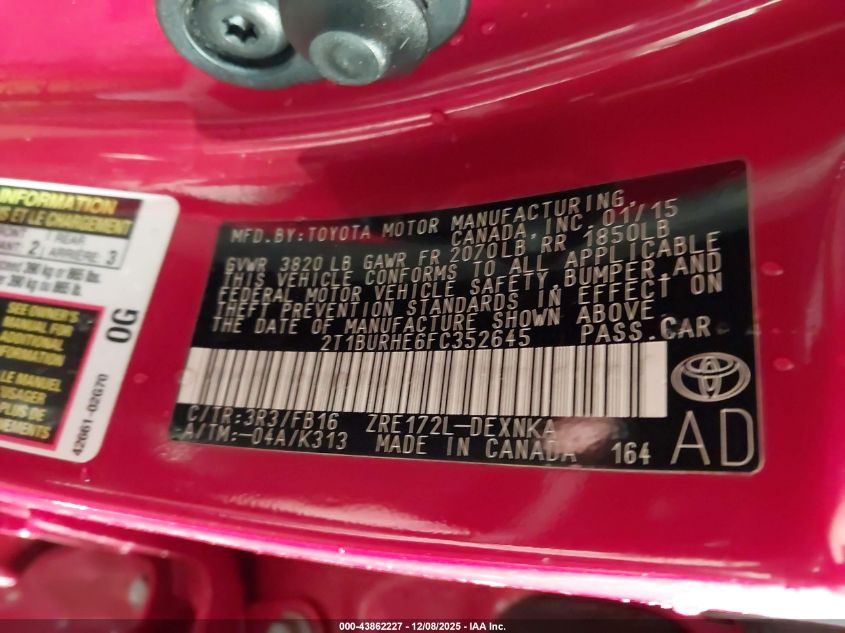 2015 Toyota Corolla Le Plus VIN: 2T1BURHE6FC352645 Lot: 43862227