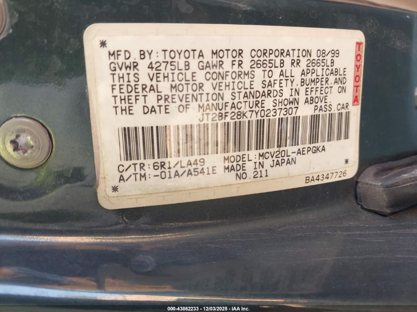 2000 Toyota Camry Xle V6 VIN: JT2BF28K7Y0237307 Lot: 43862233