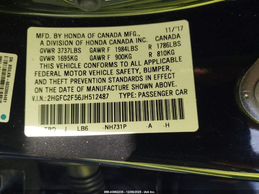 2018 Honda Civic Lx VIN: 2HGFC2F56JH512487 Lot: 43862235