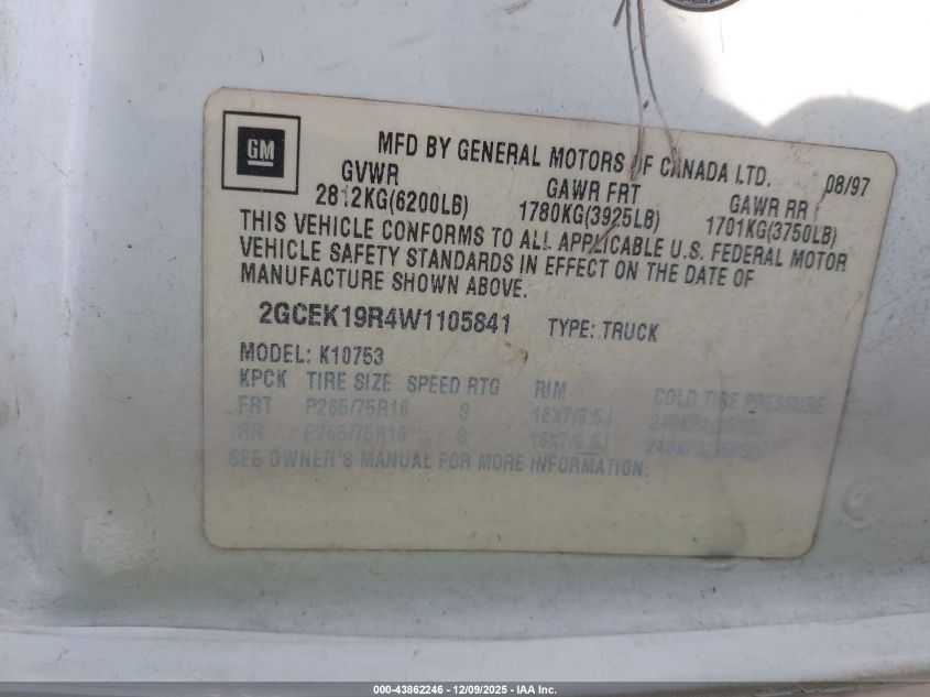 1998 Chevrolet K1500 Fleetside VIN: 2GCEK19R4W1105841 Lot: 43862246