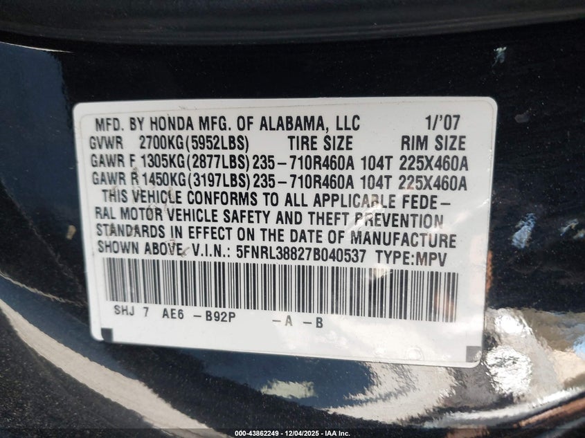 5FNRL38827B040537 2007 HONDA ODYSSEY photo no. 9