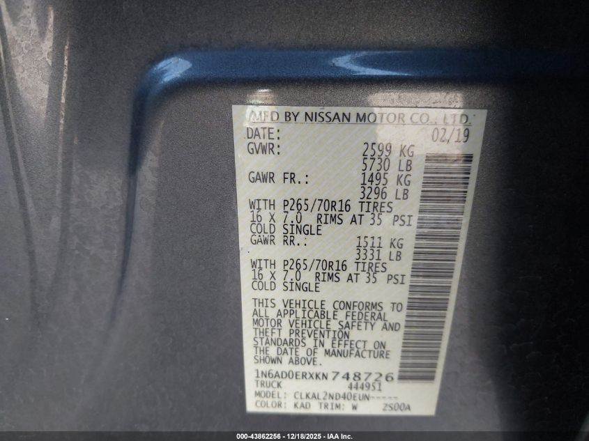 2019 Nissan Frontier Sv VIN: 1N6AD0ERXKN748726 Lot: 43862256
