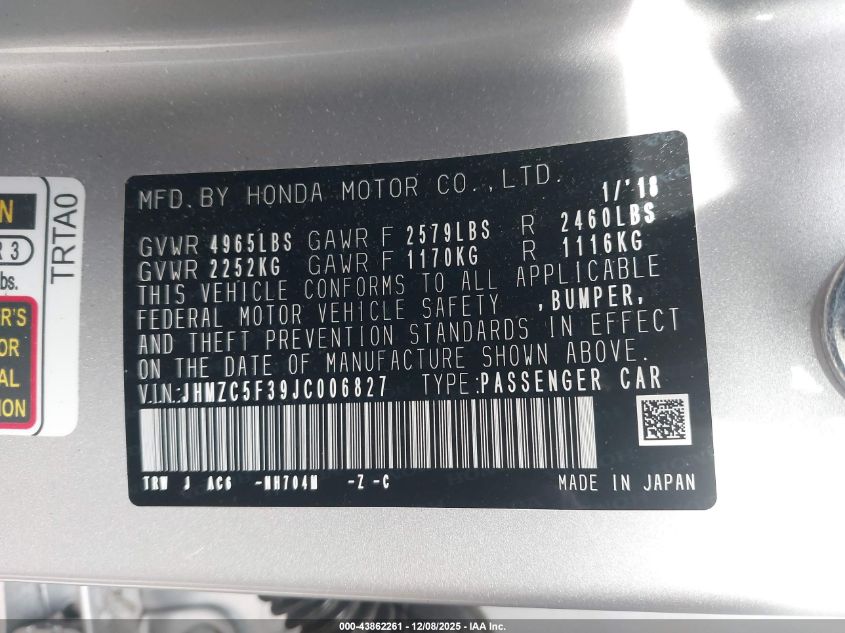 2018 Honda Clarity Plug-In Hybrid Touring VIN: JHMZC5F39JC006827 Lot: 43862261