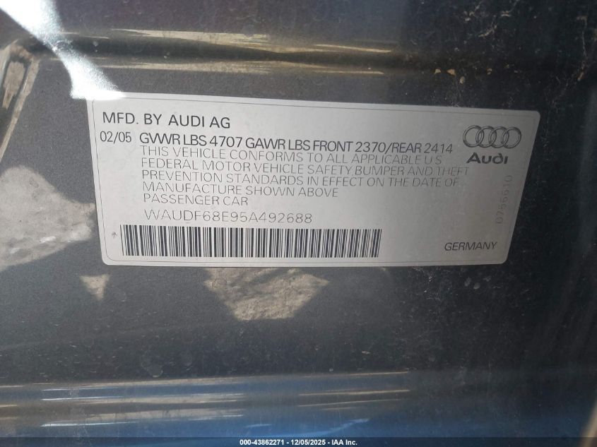 2005 Audi A4 2.0T VIN: WAUDF68E95A492688 Lot: 43862271