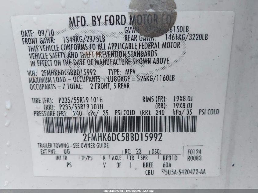 2011 Ford Flex Limited VIN: 2FMHK6DC5BBD15992 Lot: 43862278