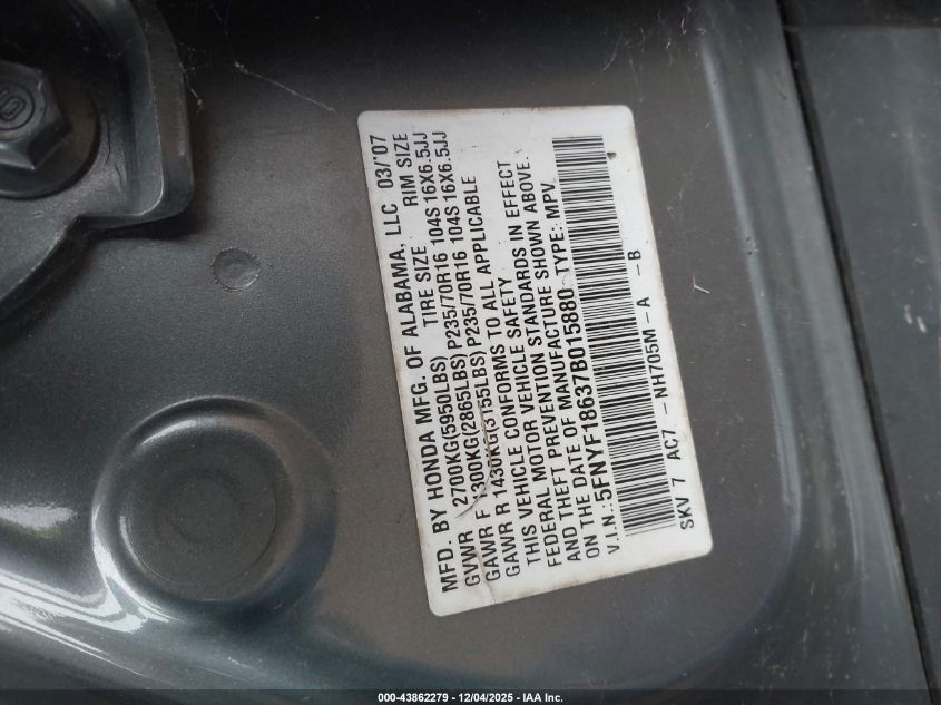 2007 Honda Pilot Ex-L VIN: 5FNYF18637B015880 Lot: 43862279