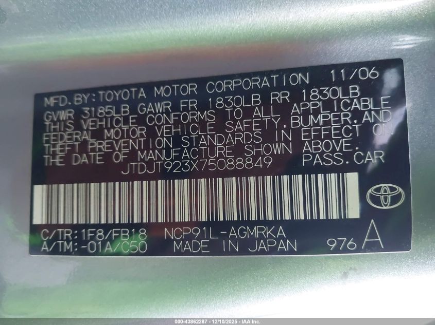 2007 Toyota Yaris VIN: JTDJT923X75088849 Lot: 43862287