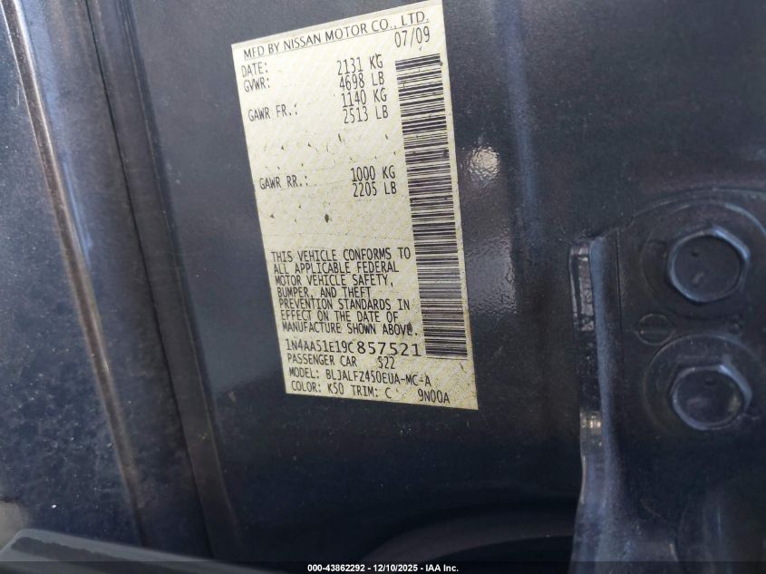 2009 Nissan Maxima 3.5 Sv VIN: 1N4AA51E19C857521 Lot: 43862292