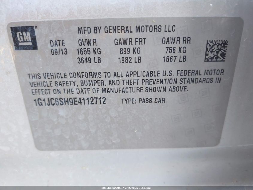 2014 Chevrolet Sonic Lt Auto VIN: 1G1JC6SH9E4112712 Lot: 43862295