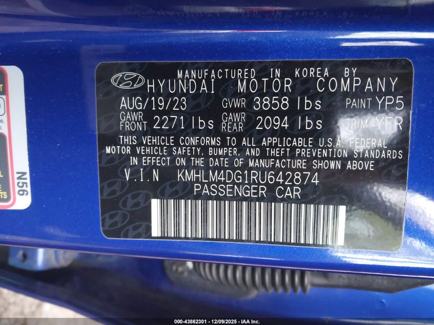 2024 Hyundai Elantra Sel VIN: KMHLM4DG1RU642874 Lot: 43862301