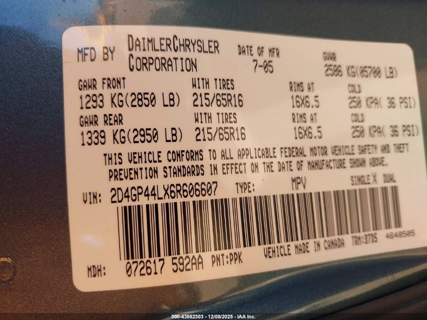 2006 Dodge Grand Caravan Sxt VIN: 2D4GP44LX6R606607 Lot: 43862303