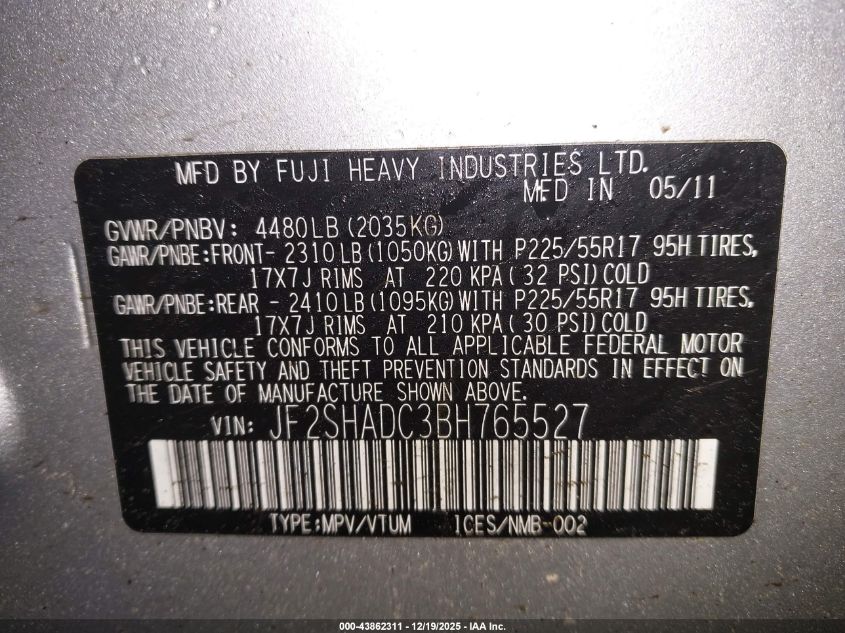 2011 Subaru Forester 2.5X Premium VIN: JF2SHADC3BH765527 Lot: 43862311