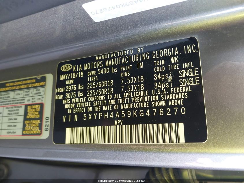 2019 Kia Sorento 3.3L Ex VIN: 5XYPH4A59KG476270 Lot: 43862312