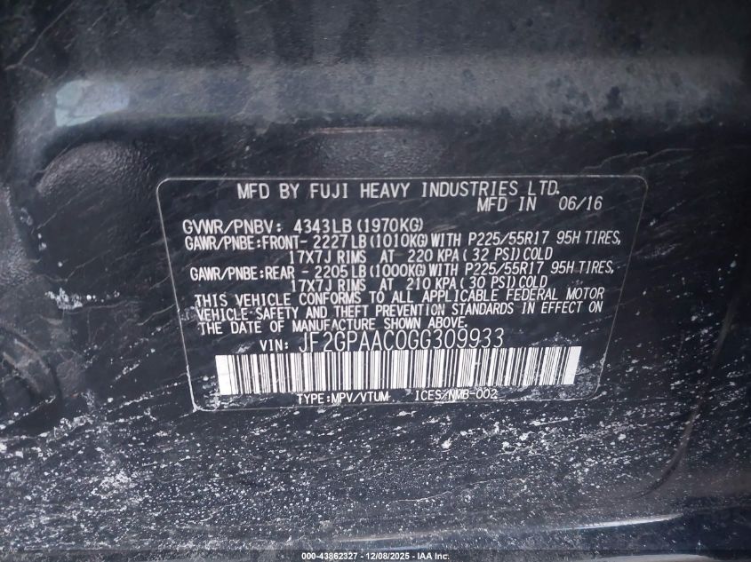 2016 Subaru Crosstrek 2.0I VIN: JF2GPAAC0GG309933 Lot: 43862327